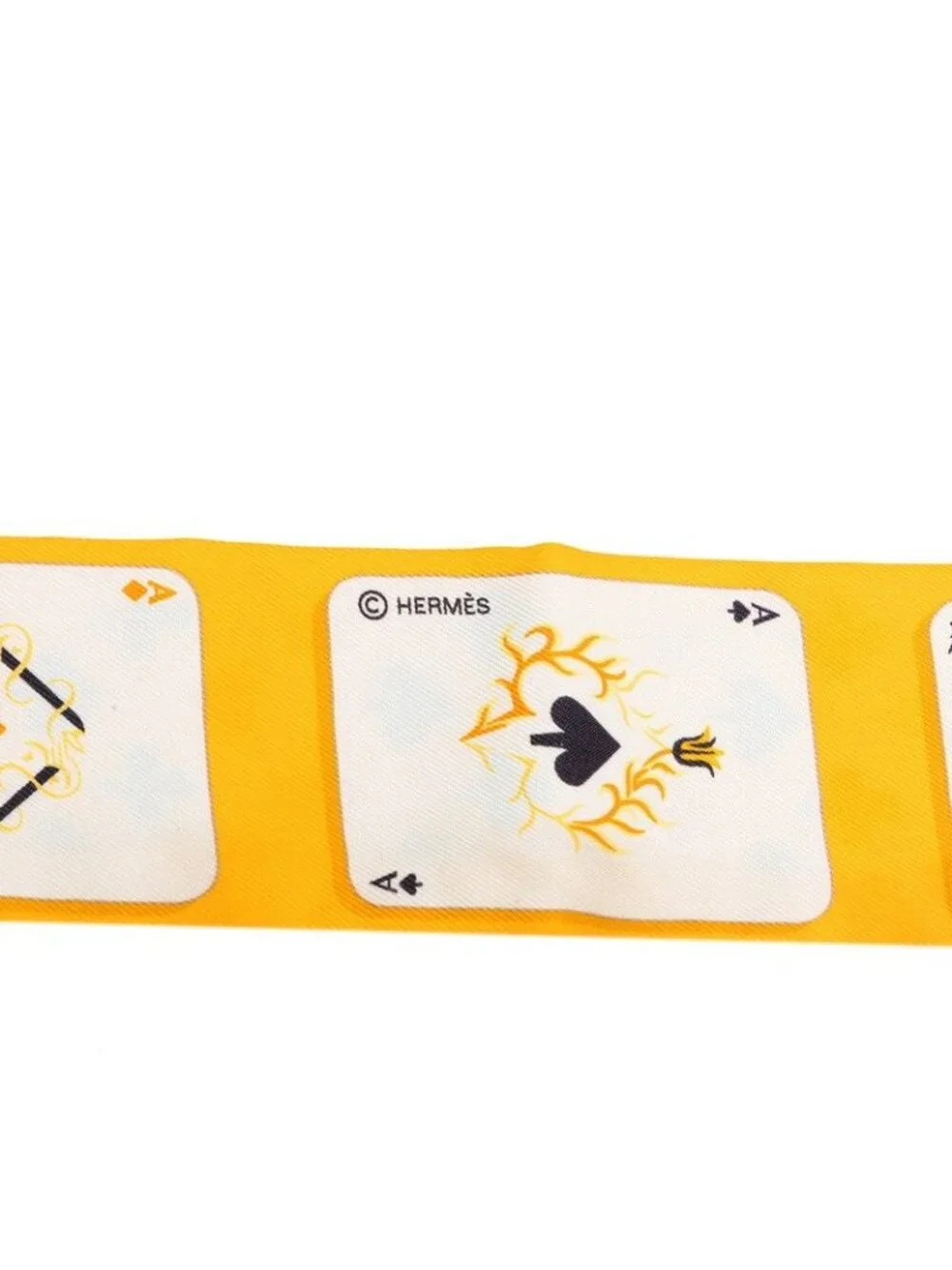 Hermes Twilly Jeu de Cartes Playing Cards Pattern Scarf Yellow Silk